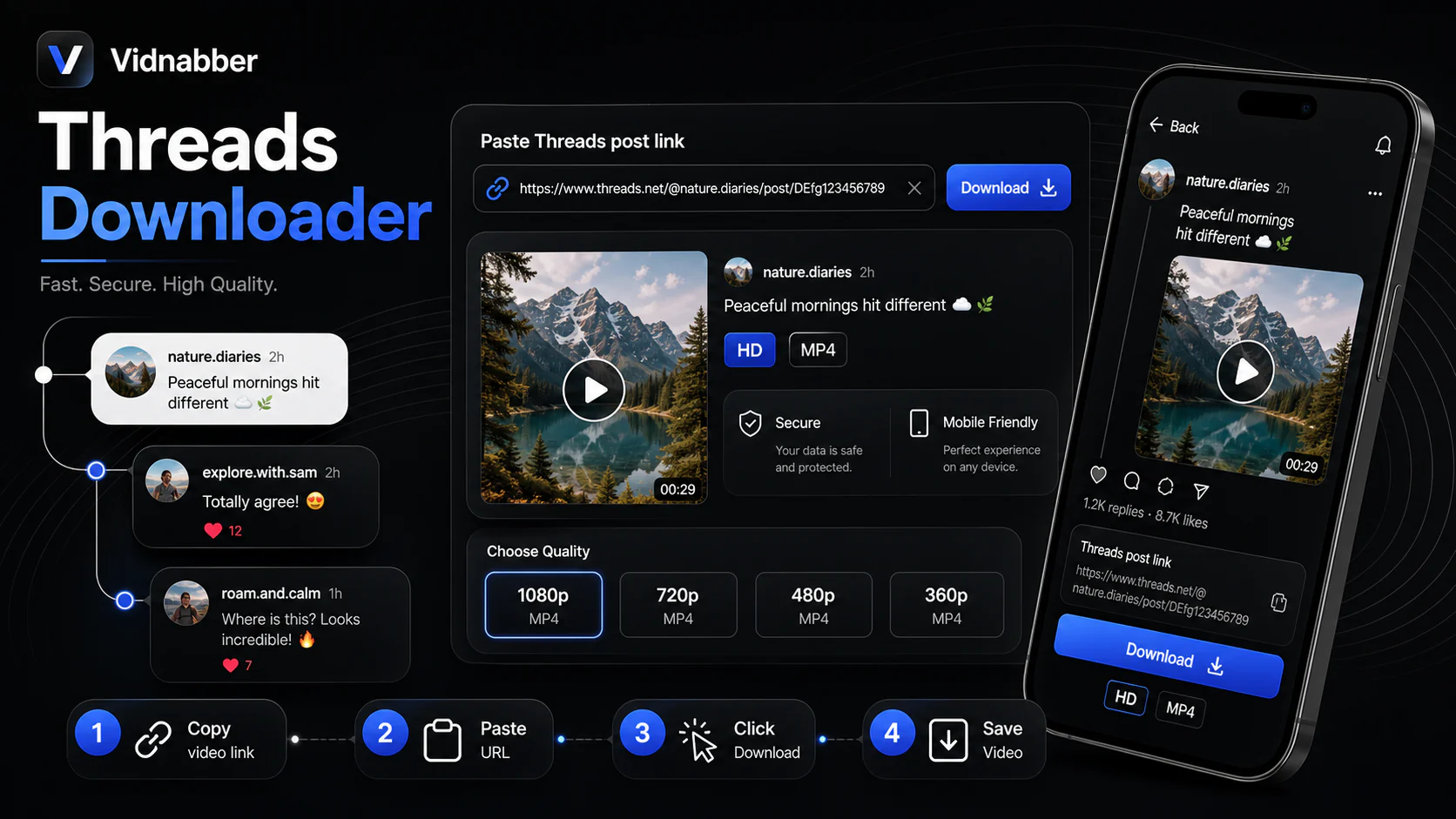 Threads downloader infographic showing copy public link, paste URL, review formats, and save video responsibly in a modern Vidnabber interface.