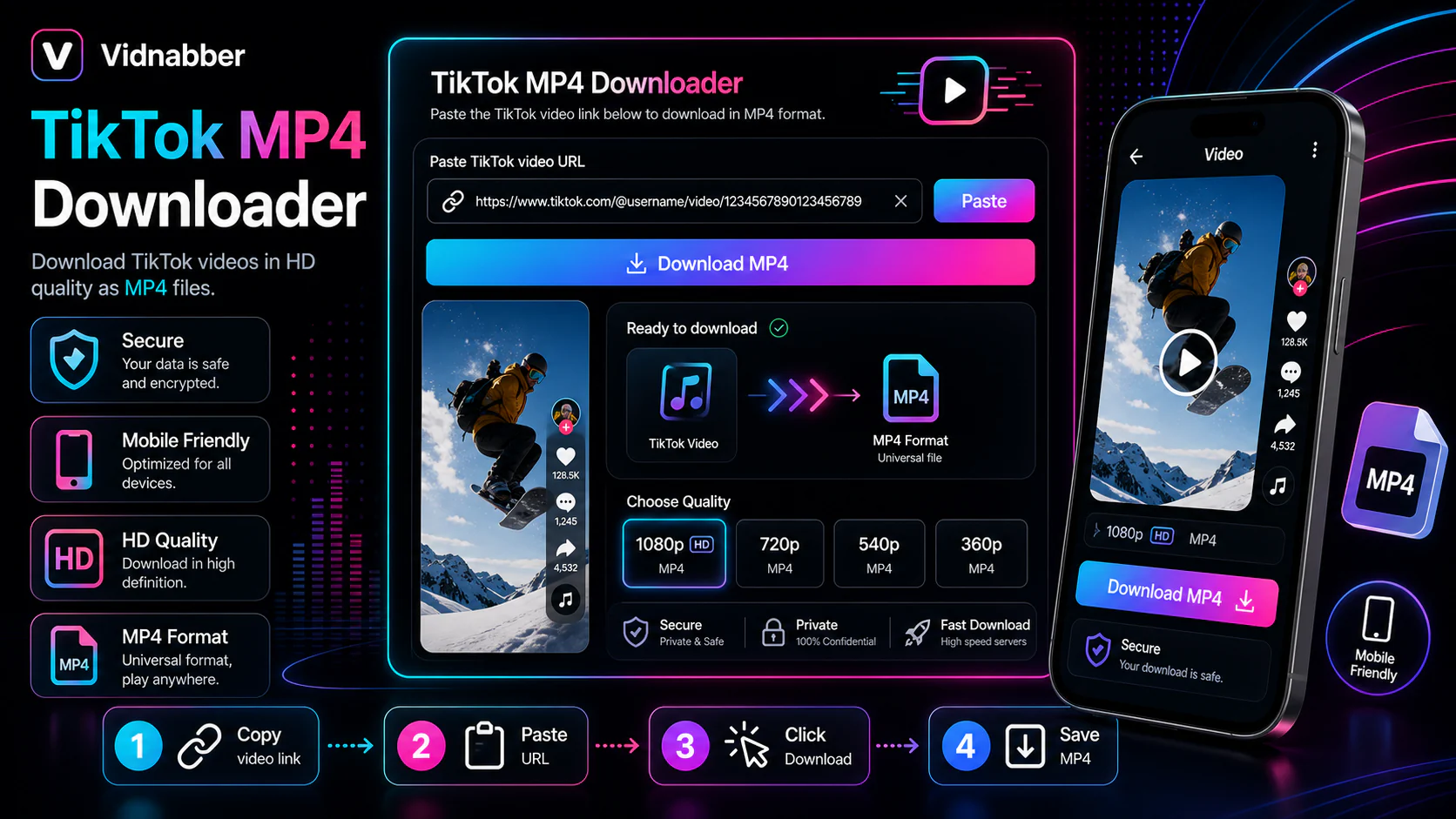 TikTok downloader infographic showing copy public link, paste URL, review formats, and save video responsibly in a modern Vidnabber interface.