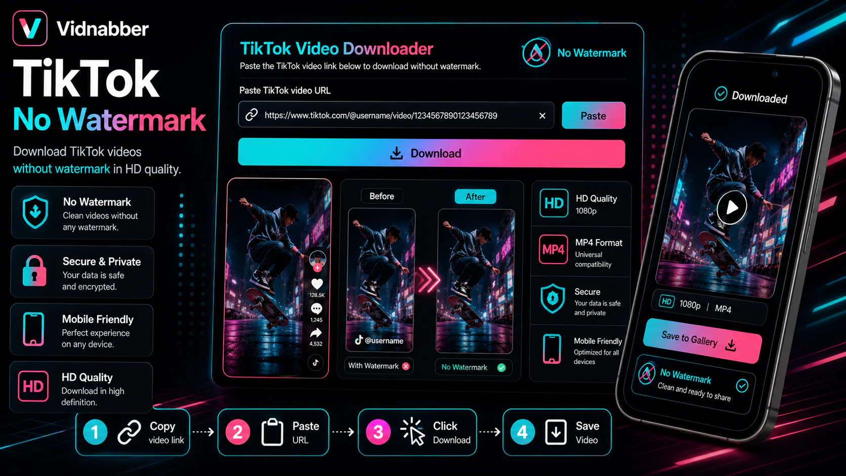 TikTok downloader infographic showing copy public link, paste URL, review formats, and save video responsibly in a modern Vidnabber interface.
