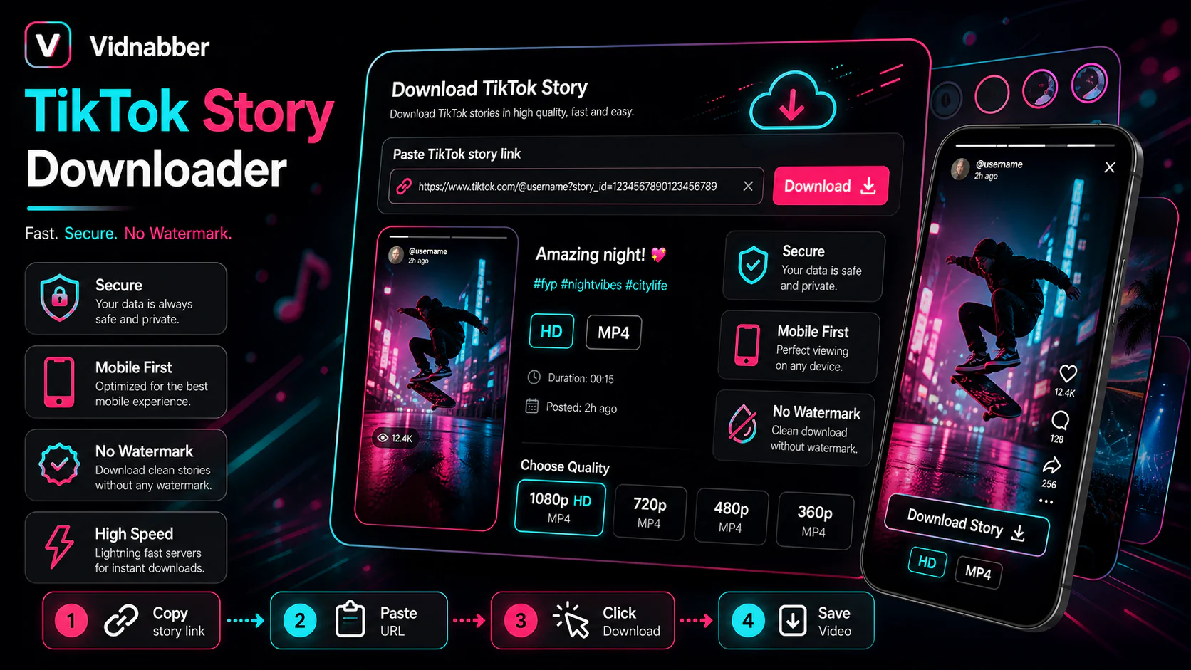 TikTok downloader infographic showing copy public link, paste URL, review formats, and save video responsibly in a modern Vidnabber interface.