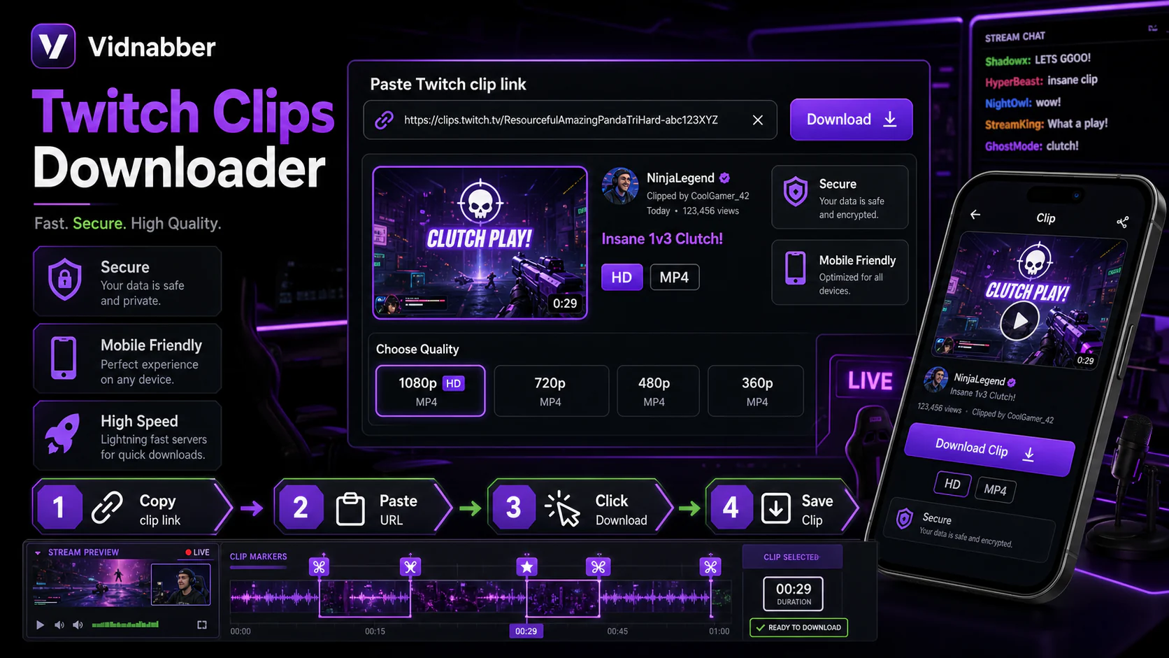 Twitch downloader infographic showing copy public link, paste URL, review formats, and save video responsibly in a modern Vidnabber interface.
