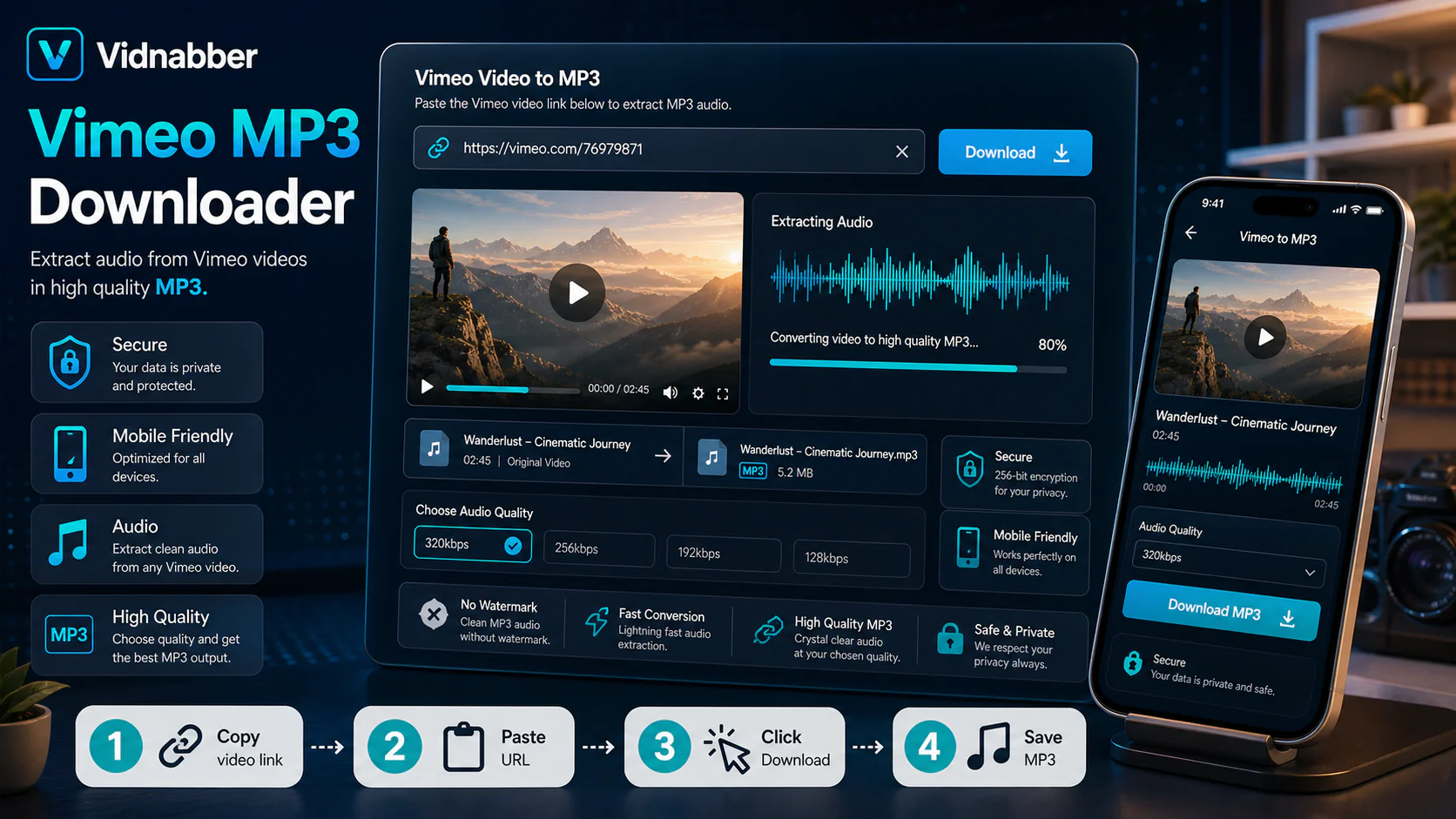 Vimeo downloader infographic showing copy public link, paste URL, review formats, and save audio responsibly in a modern Vidnabber interface.