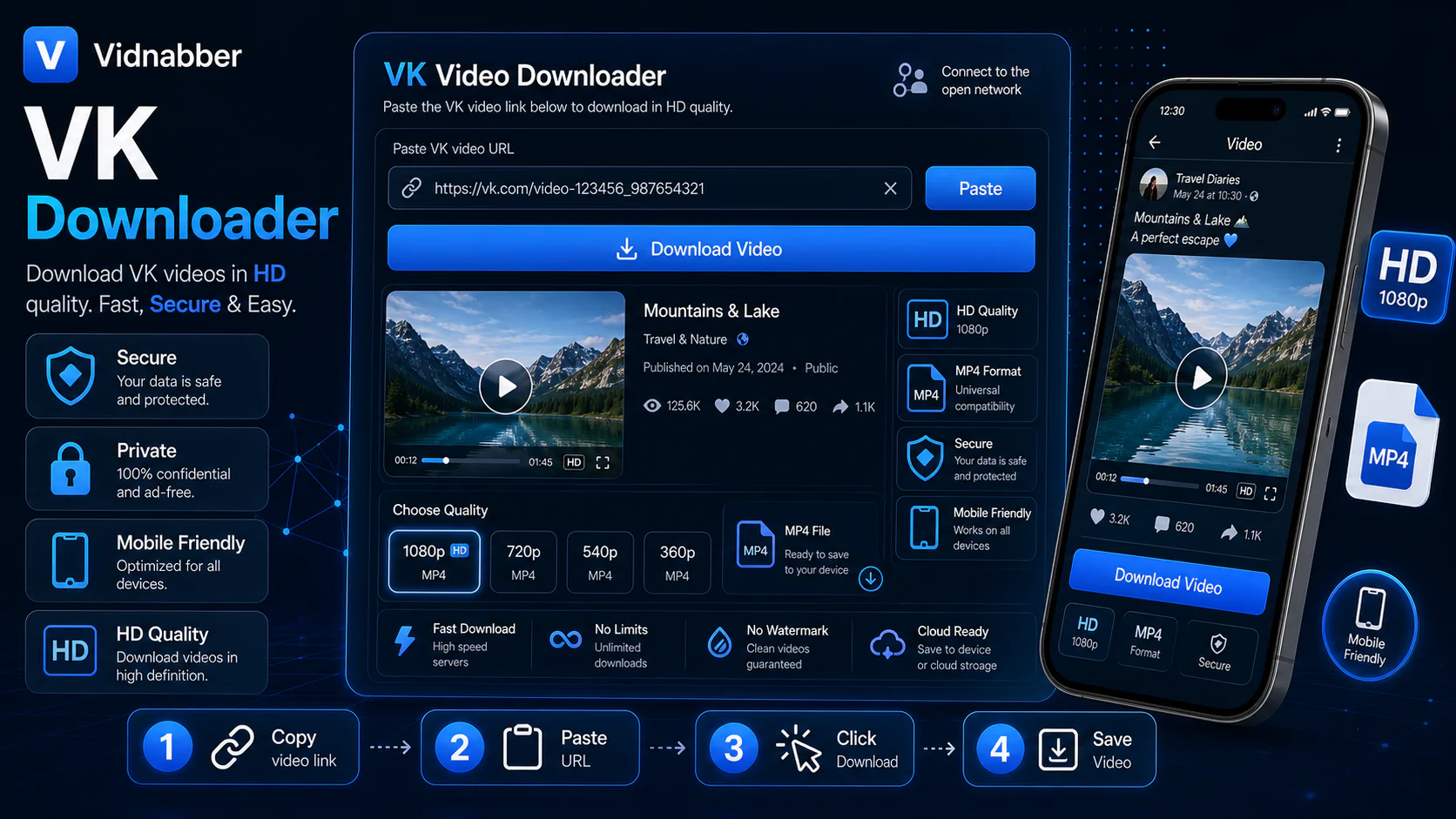 VK downloader infographic showing copy public link, paste URL, review formats, and save video responsibly in a modern Vidnabber interface.